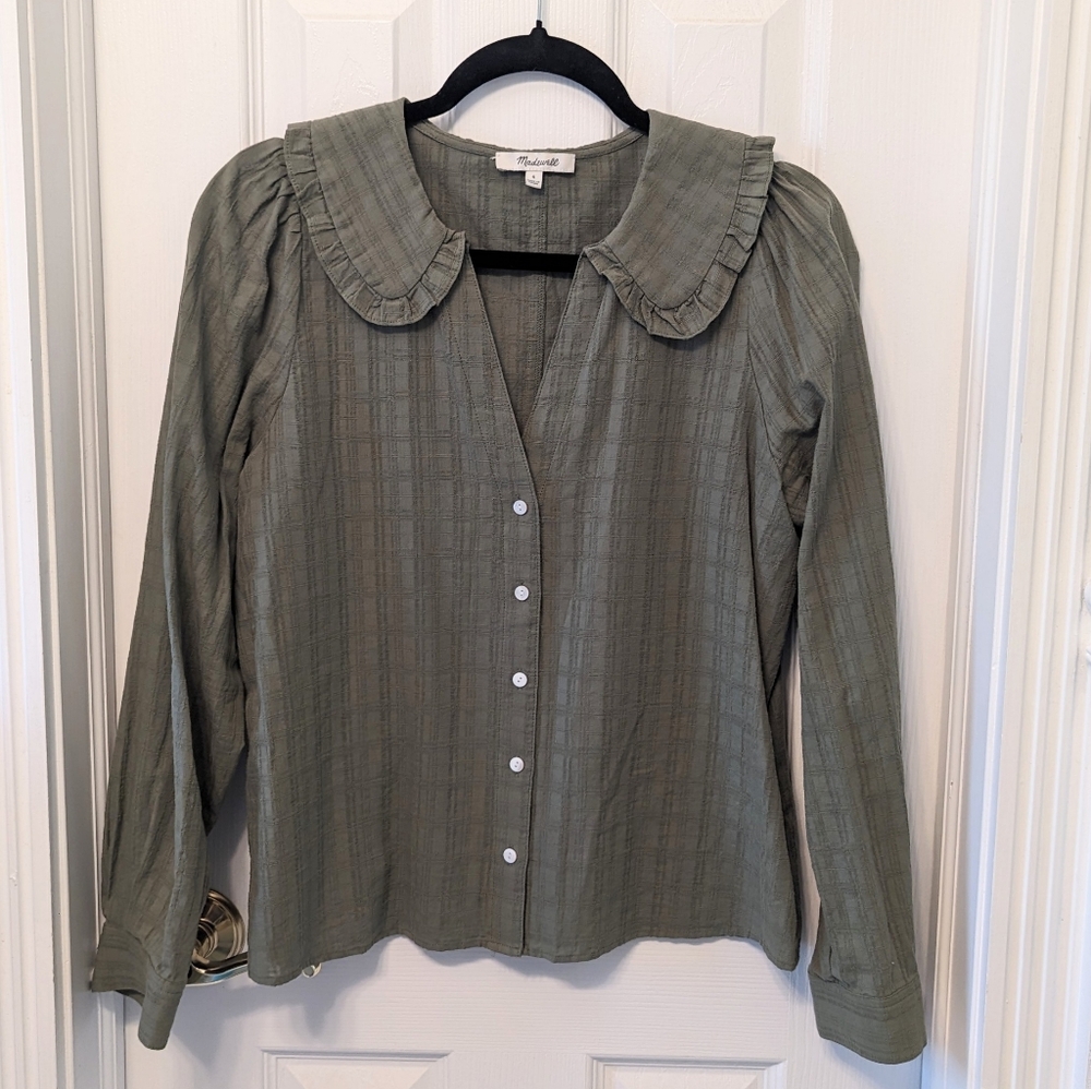 Madewell Olive Green Ruffle Collar Button-Front Blouse